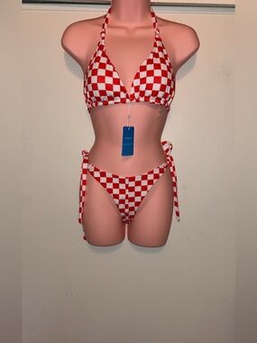 Red & White Checkerboard Tie-Side Bikini Set